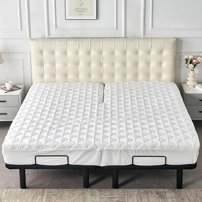 Kingnex Waterproof Quilted Split Top King Mattress Protector Pad for Adjustable Bed with Upper Flex 32-34 from Head Soft Padded Topper Noiseless Fitted Cover