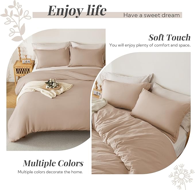 MILDLY Super Soft Duvet Cover - 100% Washed Microfiber Rugby Tan Comforter Cover Set 3 Pieces with Zipper Closure & Corner Ties (No Comforter)