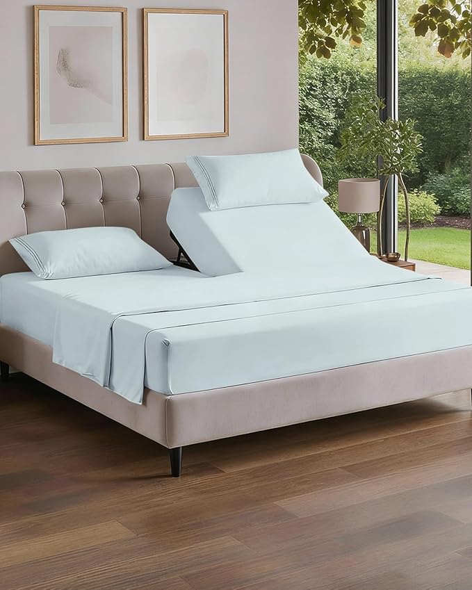Flex Top Split Head King 4 Piece Sheet Set - Soft, Breathable & Cooling Bed Sheets Set - Hotel Luxury Bedding for Women & Men with Deep Pockets - Wrinkle Free & Fade Resistant - Oeko-Tex - Ice Blue