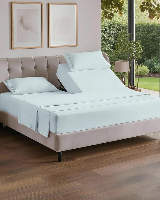 Flex Top Split Head King 4 Piece Sheet Set - Soft, Breathable & Cooling Bed Sheets Set - Hotel Luxury Bedding for Women & Men with Deep Pockets - Wrinkle Free & Fade Resistant - Oeko-Tex - Ice Blue