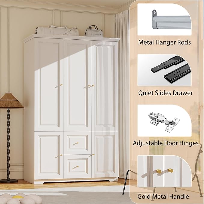 Bedroom Armoire Wardrobe Closet with Drawers: White Wardrobe Closet for Hanging Clothes, Large Wardrobes Storage Closets, Wood Closets Cabinets with Doors and Shelves (White, 47")