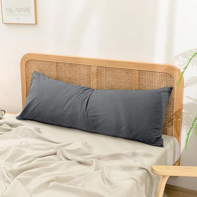 BESTOUCH 100% Washed Cotton Pillowcase for Hair and Skin Linen Feel Soft Comfortable Breathable 1 Pcs Pillow Case with Envelope Closure Solid Quiet Shade Grey Body 20x54 Inches