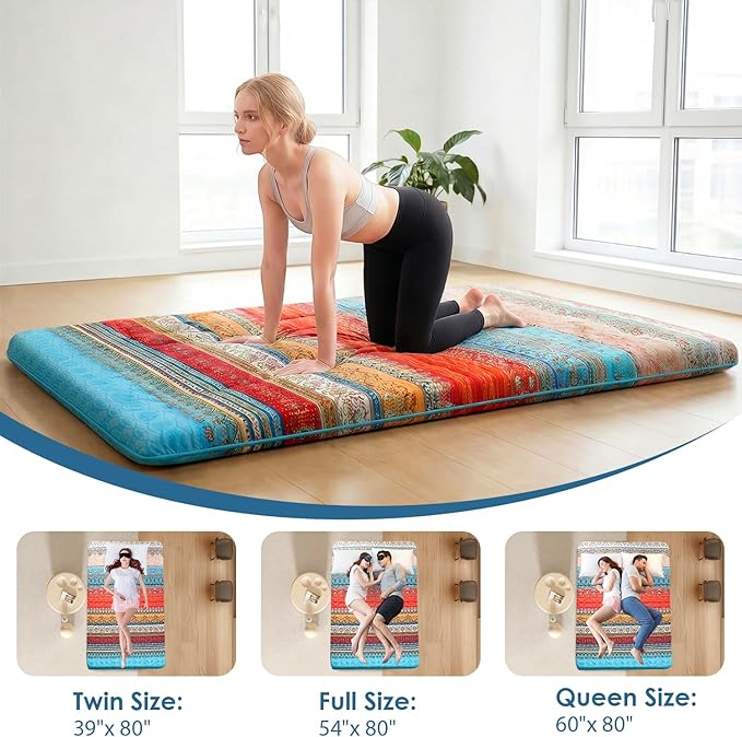 SCHNAUZER HOME Bohemian Japanese Floor Mattress, 3.5" Thicken Boho Floral Pattern Portable Futon Mattress, 100% High-Density Foam Tatami Mat Sleeping Pad for Camping Guest Room Dormitory RV, Twin