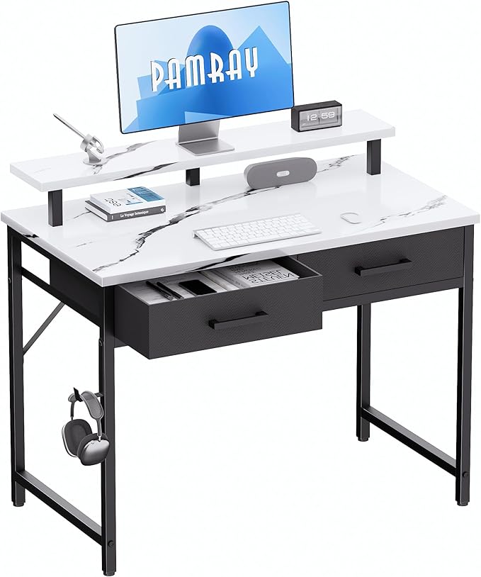Pamray 32 Inch Small Computer Desk with Monitor Stand Home Office Desks with 2 Drawers for Bedroom Study Writing and Work Table for Small Spaces Marble