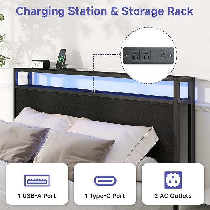 Zevemomo Queen Bed Frame with 4 Storage Drawers, Queen Size Bed Frame with Headboard, LED, Charging Station with USB Ports & AC Outlets, Sturdy Metal Slat Support, No Noise, Black