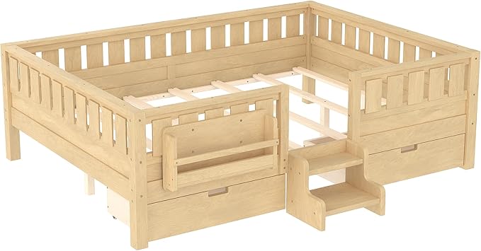 Bellemave Queen Bed with Storage Drawers & Bookshelf, Low Profile Kids Bed Frame with Staircase & Full Length Guardrails, Solid Wood Queen Bed for Kids with Slats Load 550LBS, Easy Assembly, Natural
