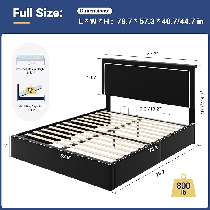 Allewie Full Size Lift Up Storage Bed Frame with Charging Station & LED Lights, Adjustable Velvet Upholstered Storage Headboard, Type-C & USB Ports, Hydraulic Support, No Box Spring Needed, Black