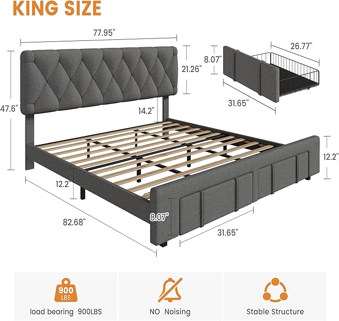 GarveeHome King Size Bed Frame, Upholstered Platform Bed Frame with Storage Drawers, Mattress Foundation with Solid Wooden Slats Support, No Box Spring Needed, Grey