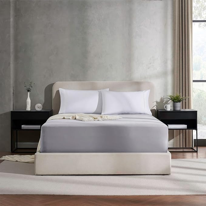 Nestl Grey Lavender California King Fitted Sheet Extra Deep Pocket, Hotel Luxury Cal King Fitted Sheet Only Easily Fits 18 to 24 Inch Mattress, Super Soft, Wrinkle-Free, Breathable with Corner Straps