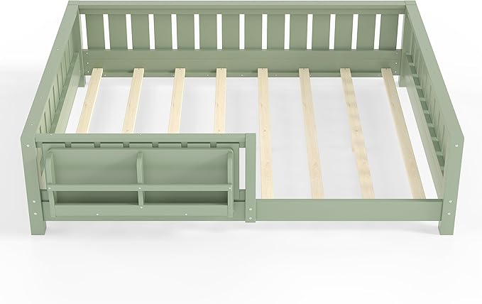 Bellemave Full Size Floor Bed Frame with Fence & Bookshelf, Solid Pinewood Montessori Floor Bed Full with Slats Load 550LBS, Low Profile Floor Bed for Kids, Bedroom, Nursery, Easy Assembly, Green