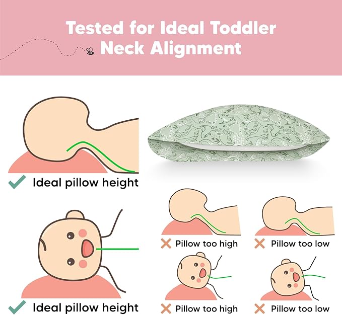 Toddler Pillow with Pillowcase - 13x18 My Little Dreamy Kids Travel Bed Pillows for Sleeping, Organic Cotton Small Pillowcase, Soft & Breathable, Machine Washable, Toddlers 2-5 years old (DinoDood)