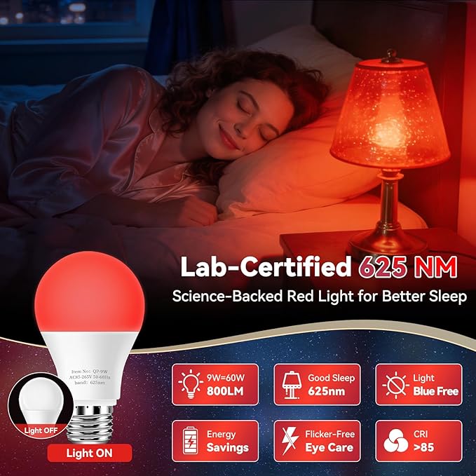 Neporal 625nm Red Light Bulbs for Sleep, 100% Blue Light Blocking Bulb for Melatonin Promote, A19 LED 9W 60W Red Night Bulb for Baby Nursery, Sleep, Read, Bedroom 2PK (White When Off, Red When on)