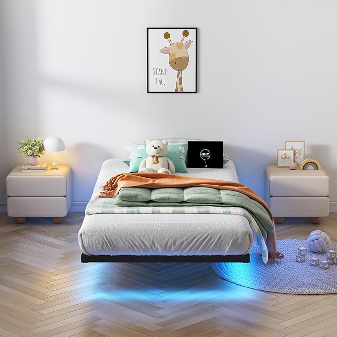 HAVONIZD Floating Bed Frame Twin with LED Lights and Charging Station - 10 inch Platform Bed Frame No Box Spring Needed, Easy Assembly