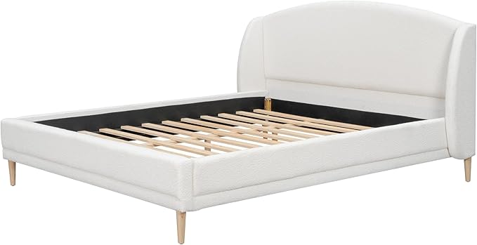King Size Upholstered Platform Bed Frame with Boucle Fabric Wingback Headboard Solid Wood Legs No Box Spring Modern Bed Frame, White