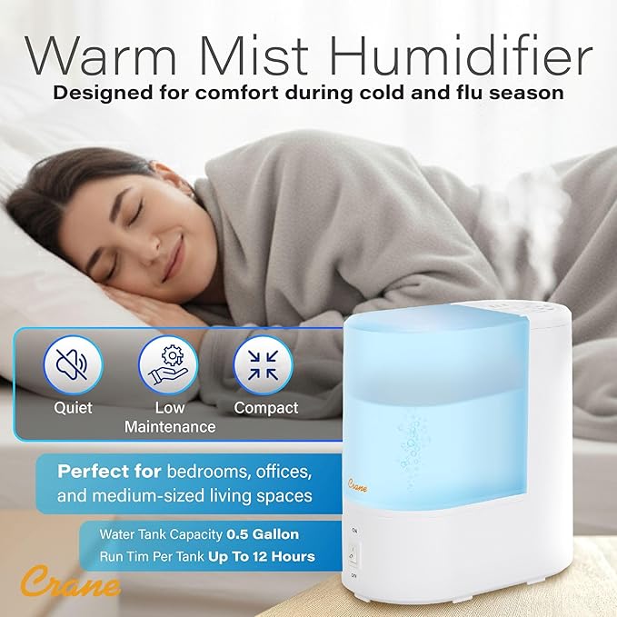 Crane Warm Mist Humidifier, Small Humidifier for Bedroom, Office, Vapor Pad Tray, Soothing Warm Mist Humidifiers For Bedroom, Relief for Dry Air, Quiet Operation, Auto Shut-Off, Desk Humidifiers