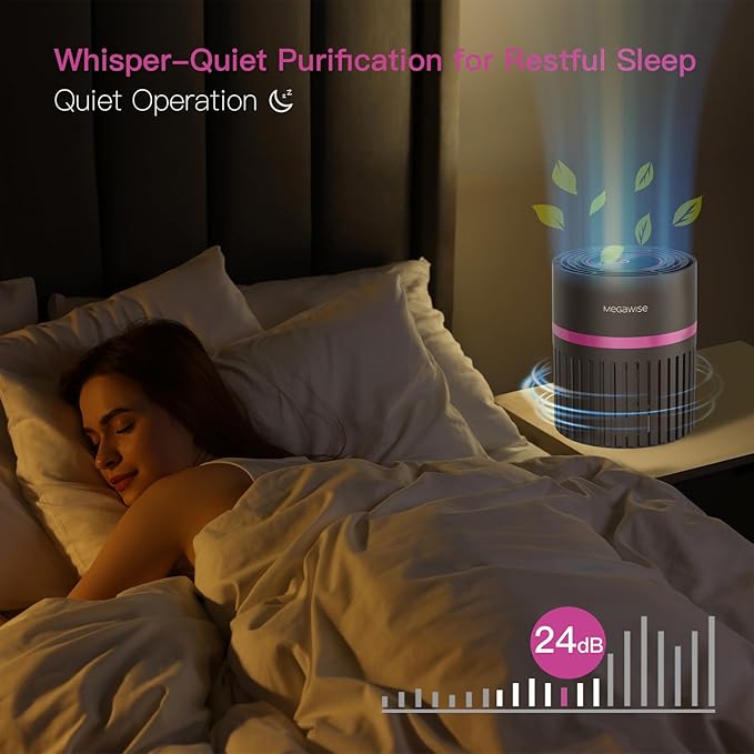 MEGAWISE Portable Air Purifier, H13 True HEPA 3-in-1 Filter, 99.97% 0.3 Micron Filtration, Dust Smoke Pet Dander, Ozone Free, Ultra-Quiet 24dB, Small Tabletop Air Cleaner for Bedroom Home Office