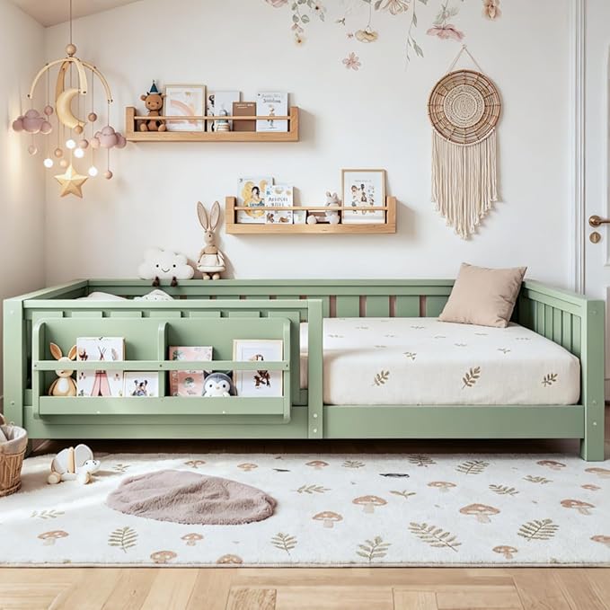 Bellemave Twin Floor Bed Frame with Fence & Bookshelf, Solid Pine Wood Twin Montessori Floor Bed with Slats Load 250LBS, Low Profile Floor Bed for Kids, Bedroom, Nursery, Easy Assembly, Green