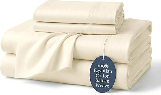 100% Egyptian Cotton Sheets King Ivory - Luxury Hotel Collection King Size Sheet Set, Cooling, Smooth & Breathable Sateen Weave, Anti Pilling Extra Long Staple Cotton, 16" Deep Pocket - 4Pc