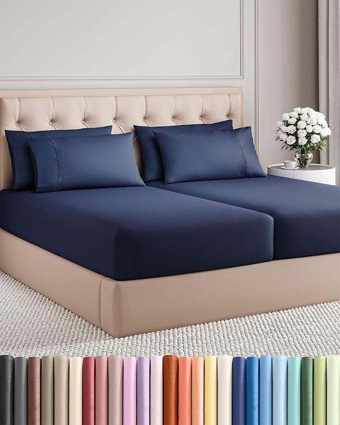 Split King 7 Piece Sheet Set - Comfy, Breathable & Cooling - Soft Hotel Luxury Bedding for Women, Men, Kids, Teens and Children - 1 Flat & 2 Fitted Sheets & 4 Pillowcases with Deep Pockets - Navy Blue