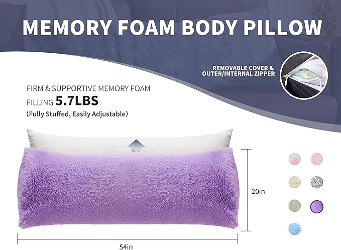WSOFRLAC Purple Body Pillow for Day Bed Queen Bed Set 20x54 King Size Lumbar Pillows Hug Pregnancy Purple Sleep Therapy Body Pillow Full Body Pillows for Adults Back Pain Machine Washable