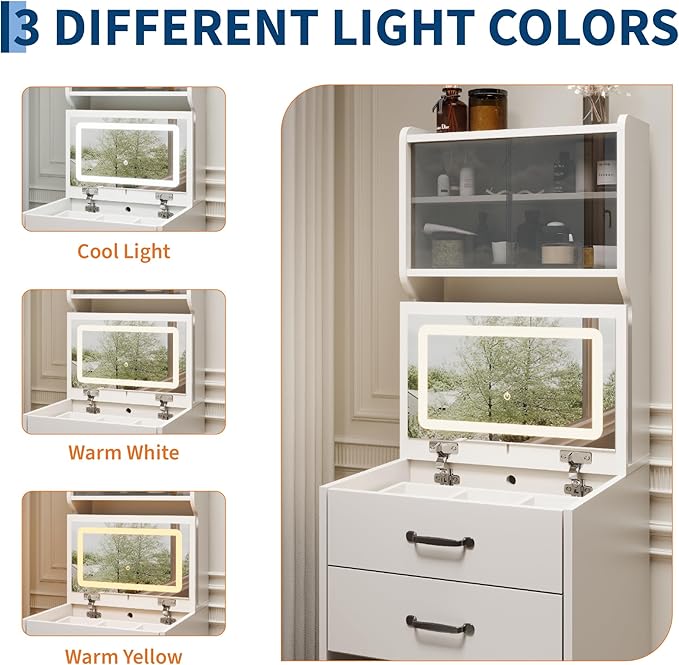 Garvee 3 in 1 Vanity Desk with 3 Color LED, Compact Makeup Vanity Set with 2 AC Outlets & USB, Dressing Table with Drawers & Acrylic Doors, Nightstand Vanity Mirror, Jewelry Box, Hidden Chair, White