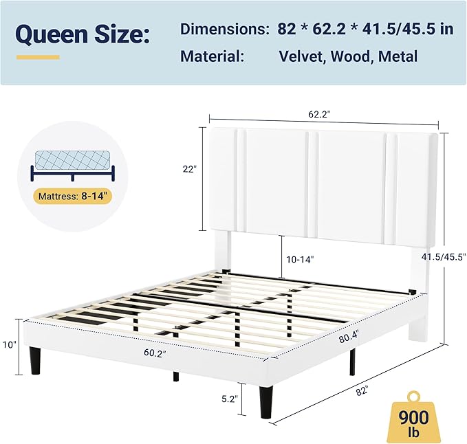 Allewie Queen Platform Bed Frame with Adjustable Headboard, Plush Velvet Upholstered, Vertical Channel Tufted, Sturdy Wooden Slats, No Box Spring Needed, Easy Assembly, White