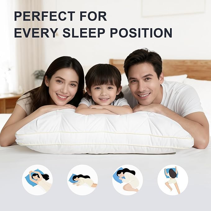 Support Bed Pillow Queen Size Set of 2 – Super Soft Down-Alternative Filling with Cotton Cover, Hotel Quality for Side Sleepers, Breathable & Oeko-TEX Certified