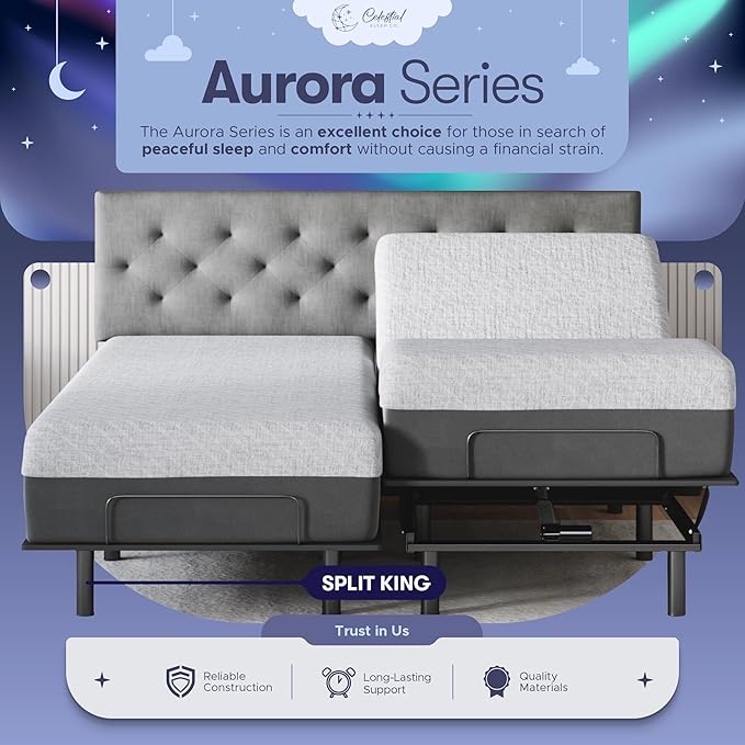 Celestial Aurora Adjustable Bed Base (Frame) + 8 inch Gel Memory Foam Mattress (Firm), Easy Assembly, Head and Foot Lift, Zero Gravity, Memory Positions, CertiPUR-US Bed - Split King