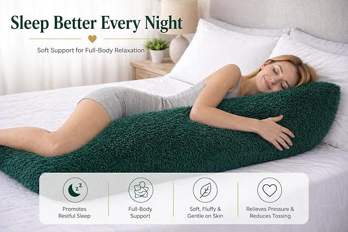 Reafort Luxury Faux Fur Body Pillow Cover 21" x 54", Long Hair PV Plush Body Pillow Case with Hidden Zipper Closure, Ultra Soft Fluffy Decorative Long Pillow Cover (Evergreen, Body)