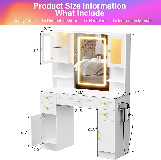 KAMABOKO White Vanity Desk with Mirror, Makeup Vanity Table with 5 Drawers, 2 Storage Cabinets & 2 Glass-Door Display Cabinets for Bedroom and Dressing Room