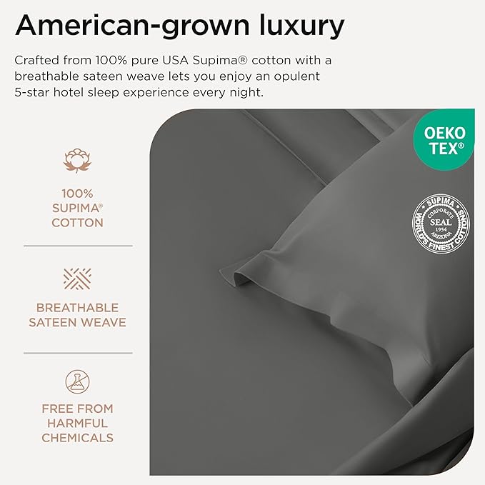 Threadmill Pillow Cases Standard Size | 1200 Thread Count 100% Supima Cotton Pillow Covers, Luxury Smooth Solid Sateen | Dark Grey