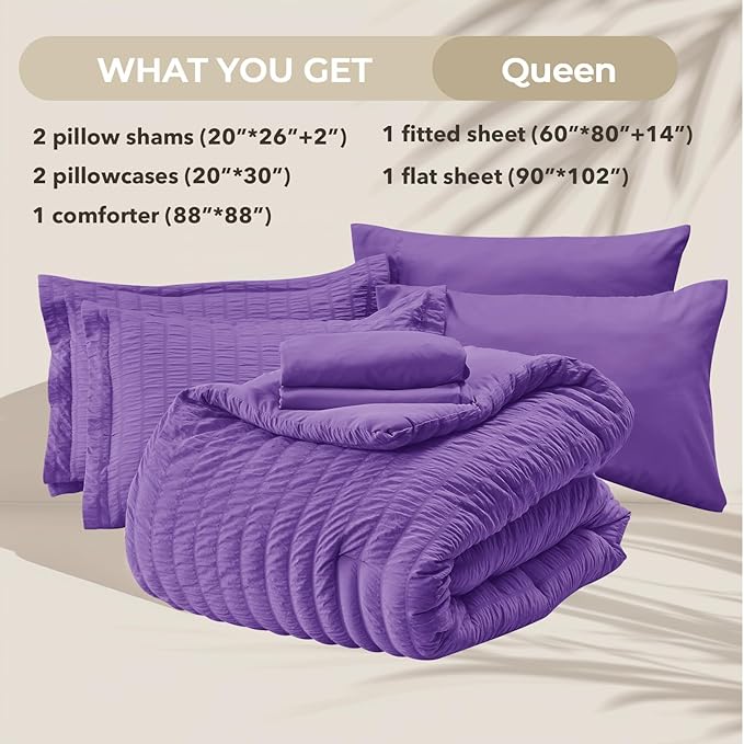 HYMOKEGE Bright Purple Queen Comforter Set Seersucker 7 Pieces, All Season Luxury Bed in a Bag Queen for Bedroom, Bedding Set with Comforter, Sheets, Pillowcases & Shams