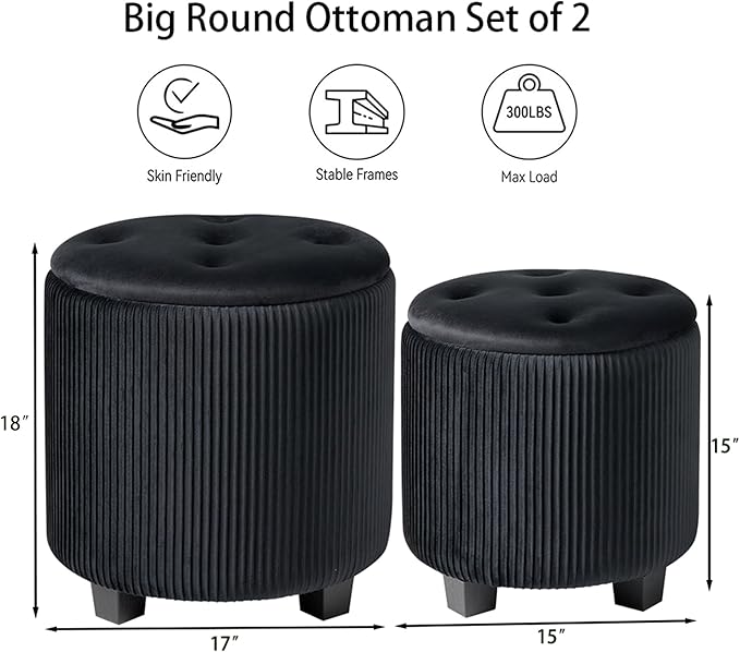 BLEXA Big Round Ottoman with Storage Set of 2-Upholstered Velvet Vanity Stool for Makeup Multifunctional Foot Rest Coffee Table Padded Seat Tufted Ottomans for Living Room&Bedroom (Big Black)