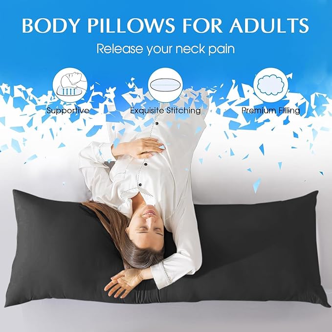 SHOUREN Cotton Body Pillow Insert - Cooling Breathable Full Body Pillow for Side Sleeper - Soft Long Bed Pillow for Adults - 20 x 54 inch-Black