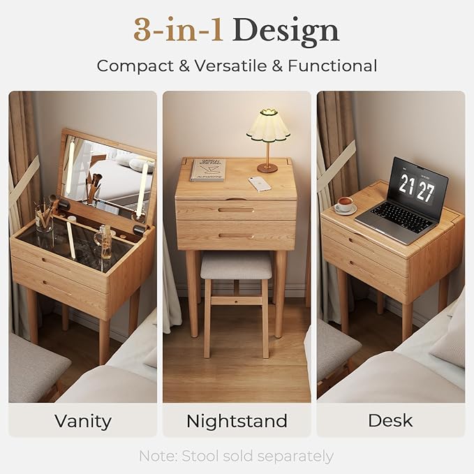 Muwuele Solid Wood Small Vanity Desk with Mirror and Lights, Narrow Makeup Vanity for Small Space, Flip Top Vanity Side Table, 3 Color Modes & Adjustable Brightness, 19.6" Slim Dressing Table, Natural
