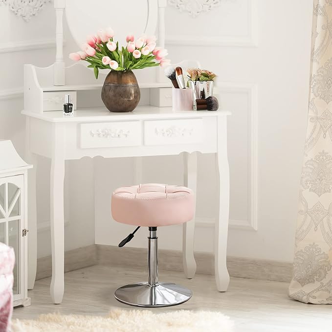 LUE BONA Adjustable Vanity Stool, 360°Swivel Vanity Chair for Makeup Room, Pink Stool Chair for Vanity, Small Faux Leather Vanity Stools for Bathroom, Living Room