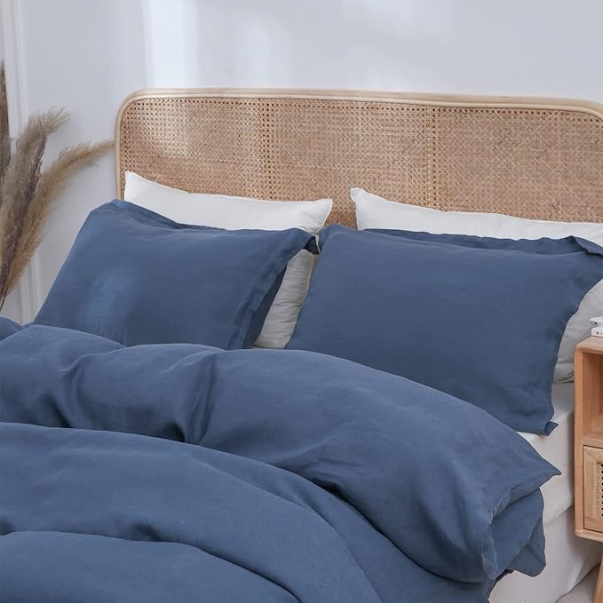Simple&Opulence 100% Linen Duvet Cover Set 3pcs Basic Style Natural French Washed Flax Solid Color Soft Breathable Farmhouse Bedding with Button Closure - Classic Blue, Full