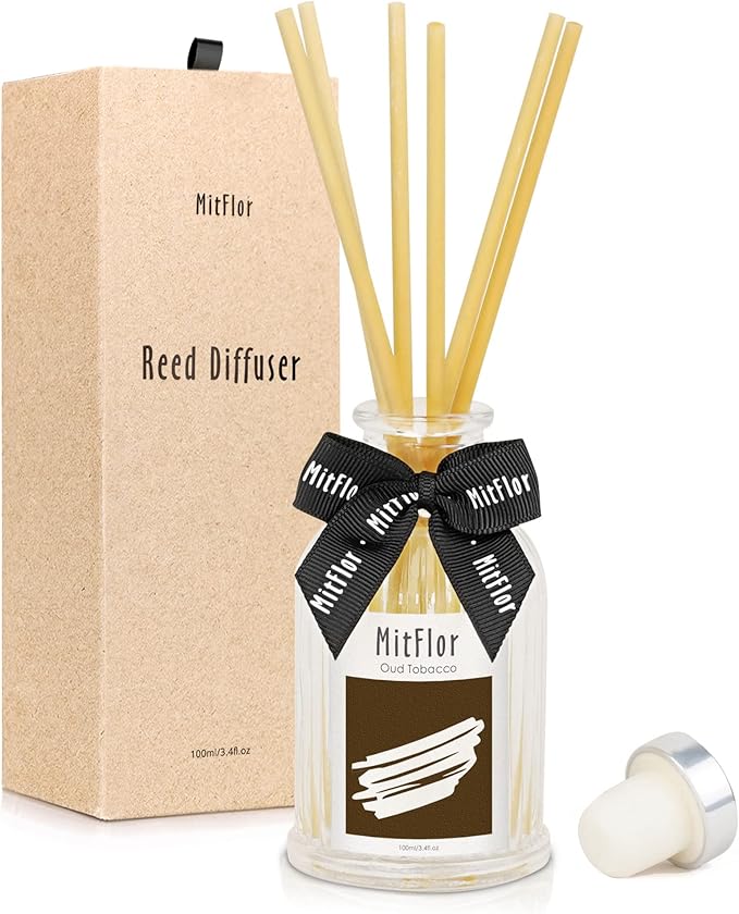 Reed Diffuser, MitFlor Oud Tobacco Fragrance Diffuser Gift Set, Woody Scent Diffuser with 6 Natural Rattan Sticks, Sleek Bedroom, Bathroom and Home Décor, 3.4 fl oz