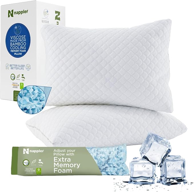 Nappler Cooling Pillow for hot Sleepers -Bed Pillows Standard Size Premium Set of 2 - Adjustable Shredded Memory Foam - Medium to Firm Pillows for Back, Stomach & Side Sleepers - Washable Cover