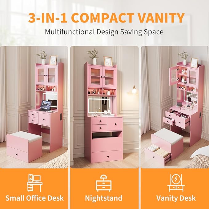 GarveeLife Compact Vanity, Make Up Vanity Desk with Mirror and Lights, White Vanity Table Set with Charger Station,Girls Small Vanity and Storage Chair