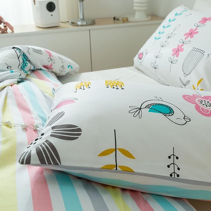 mixinni Flowers Duvet Cover for Teenage Girls Queen Size Floral Leaf Printed Soft Cotton Full Bedding Set Reversible Colorful Striped Pattern Girls Zipper Closure 4 Corner Ties for Women-Queen Size