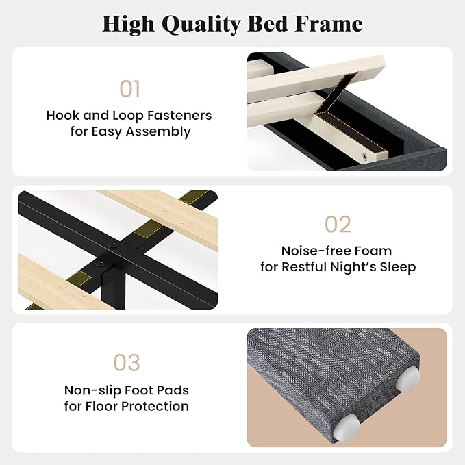 Giantex Queen Size Upholstered Bed Frame, Platform Bed with Height Adjustable Vertical Channel Headboard, Wooden Slats Support Mattress Foundation, No Box Spring Needed, Noise Free, Grey