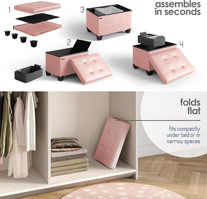 Storage Ottoman Cube with Small Bin, 16-in Square Ottoman with Storage for Living Room and Bedroom, Small Ottomans Foot Rest, Leather Foot Stools Ottomans Max 330lbs, Pink