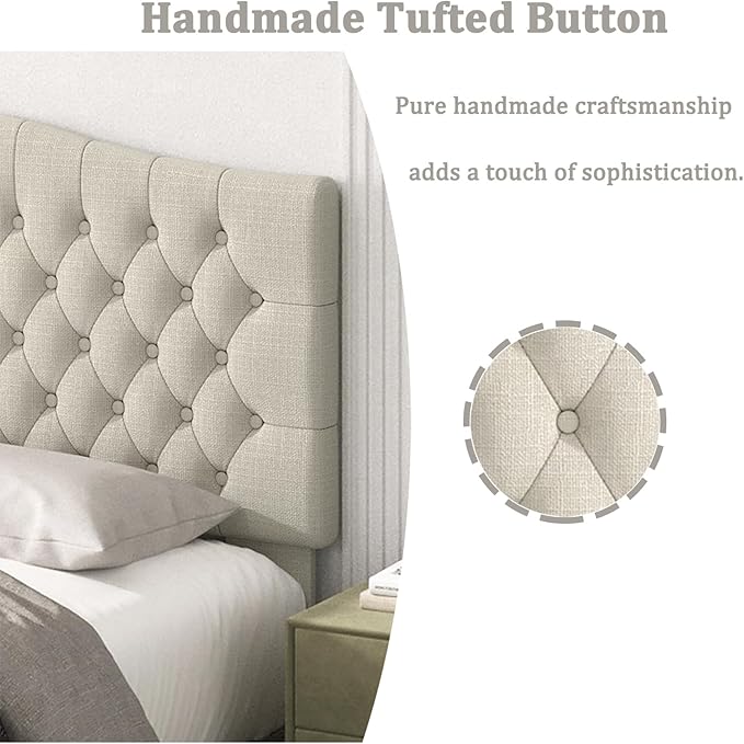 Befurtori Linen Upholstered Headboard King Size, Tufted King Headboard for King/California King Adjustable Bed, Curved Integrated Design with Tufted Solid Wood Head Board (Light Cream)