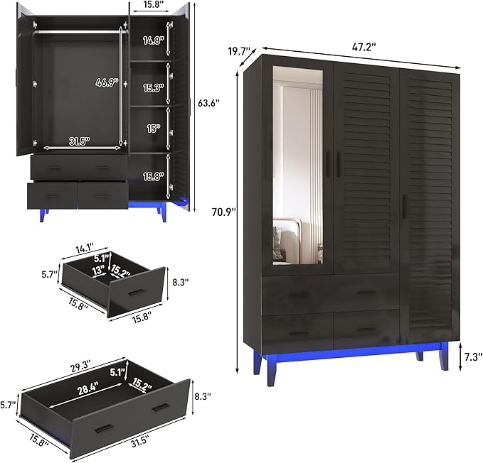 jiteentarou 3 Door Armoire Wardrobe Closet Cabinet with Drawers and LED Lights, Multi-Tier Shelves, Hanging Rod & 3 Louver Doors, Large Capacity Storage Wardrobe Armoire for Bedroom(3 Doors Black)