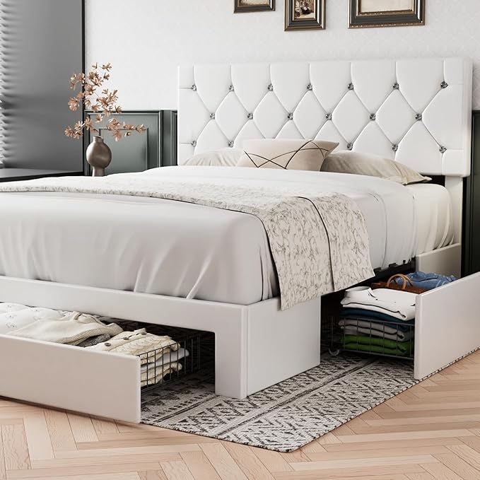 VECELO Queen Size Bed Frame with 3 Storage Drawers, Leather Upholstered with Diamond Tufted Headboard, Solid Wood Slat Support & Steel Framework, PU & White