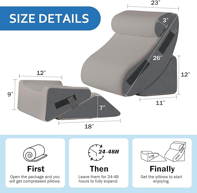 Ahpmeoa 5Pcs Wedge Pillow Set for After Surgery, Orthopedic Bed Wedge Pillow Set for Post Surgery, Acid Reflux Relief, Sleeping, Back Pain Relief, Adjustable Back Pillow for Bed Sitting up, Grey