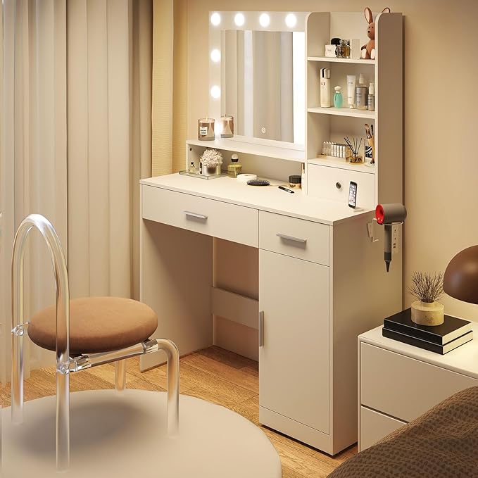 DUMOS Vanity Desk Makeup with Mirror LED Lights, Table with Power Outlet 2 Drawer, 4 Storage Shelves Cabinet & 3 Lighting Mode Adjustable Brightness, Dressing Tables for Bedroom, White