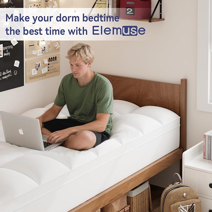 ELEMUSE Twin XL Mattress Topper for Dorm Bed, College Dorm Room Essentials for Girls&Guys, Soft Comfortable Bed Upgrade for Back to School, Apartment&Rental Use