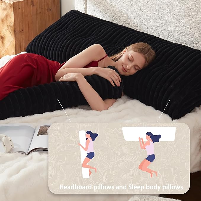 Headboard Pillow + A Long Neck Roll Pillow Body Pillow，Faux Fur Headboard Wedge Pillow with Removable Cover (Black, Full：54x8x20 inches)